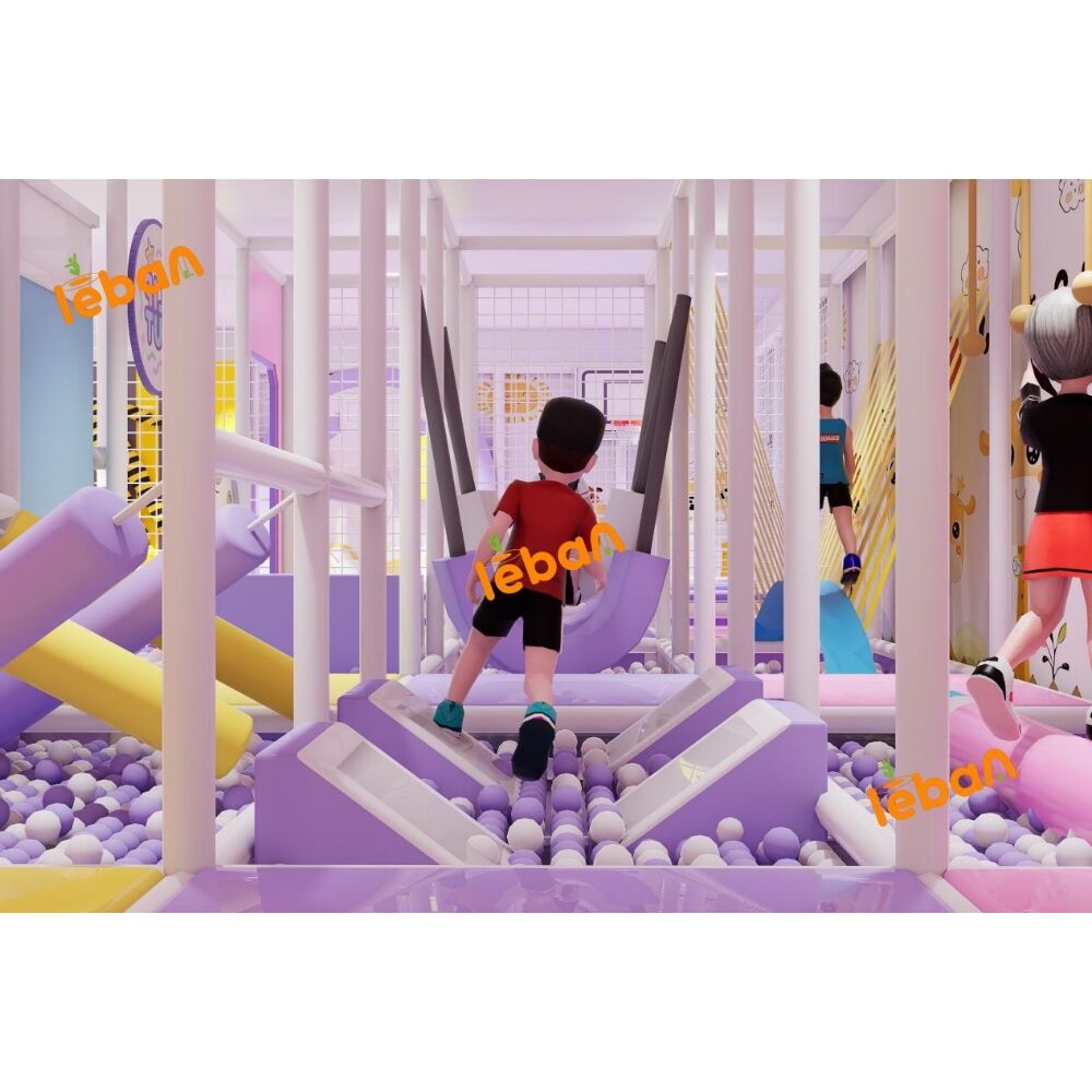 Terrain de jeu intérieur avec trampoline, zones de rôle de jeu et d'élevage d'animaux pour le plaisir des enfants