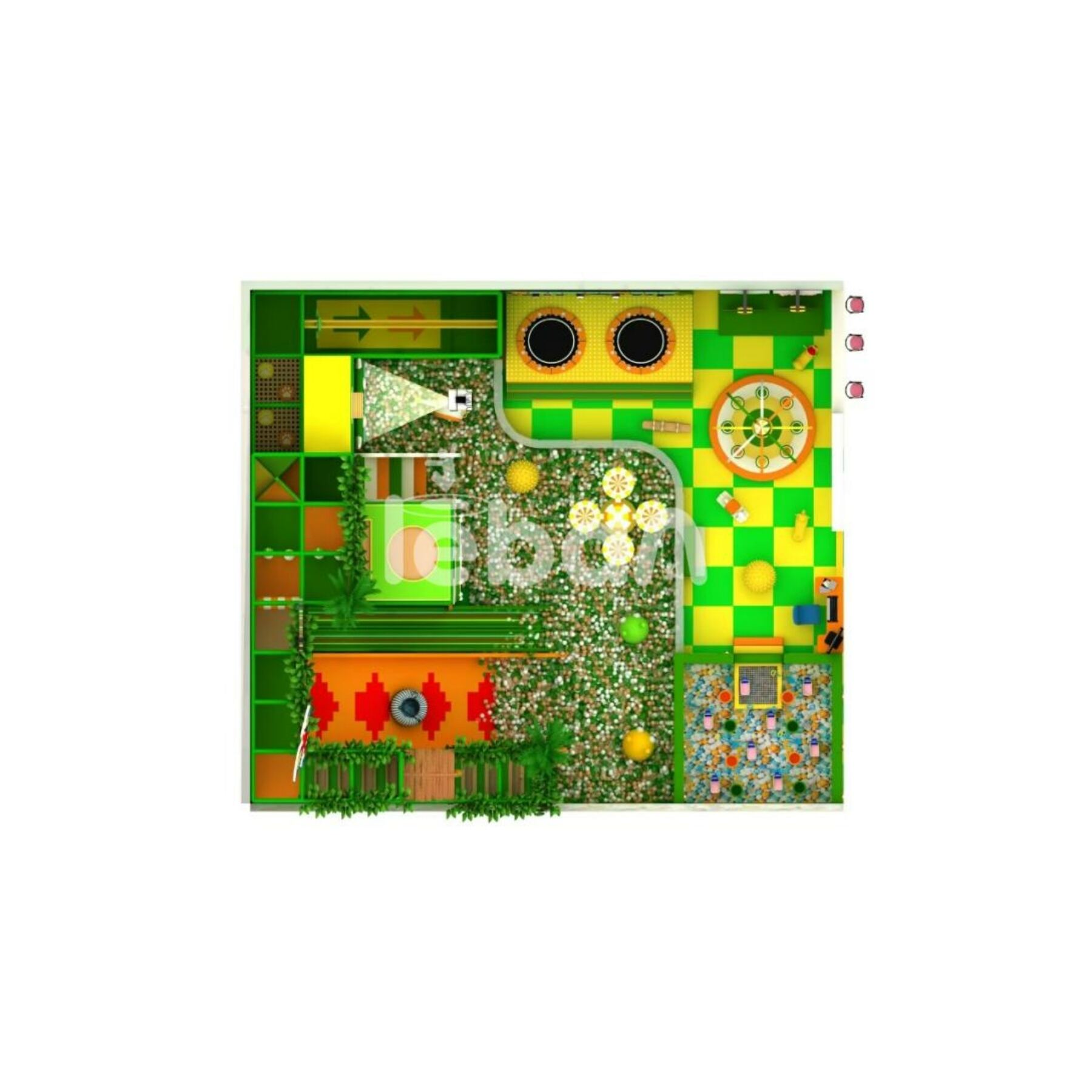 رسم تصميمي لملعب أطفال بتصميم مستوحى من الغابة