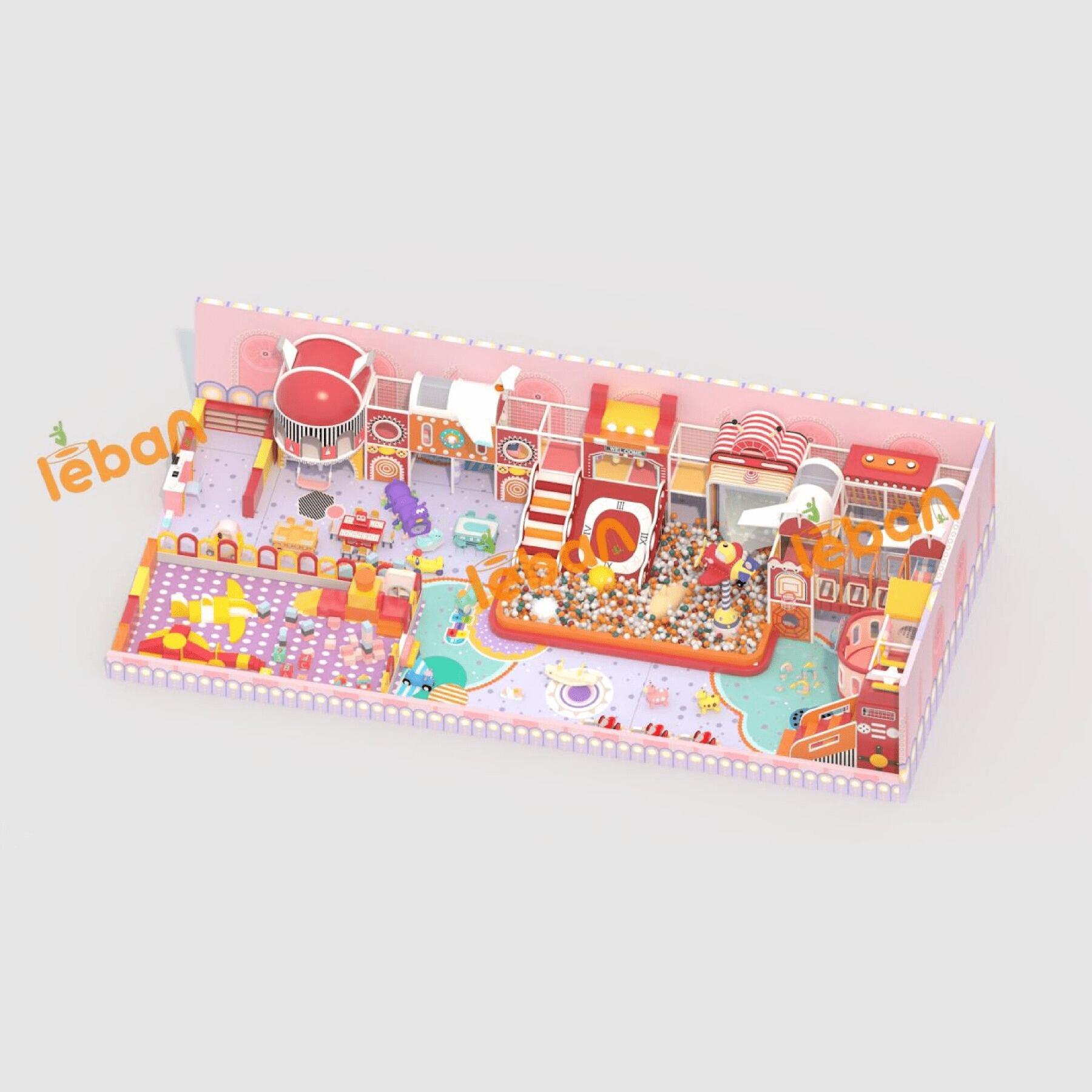 Terrain de jeux pour enfants aux tons roses : hub d'aventure avec avion rouge et train — dessin de conception