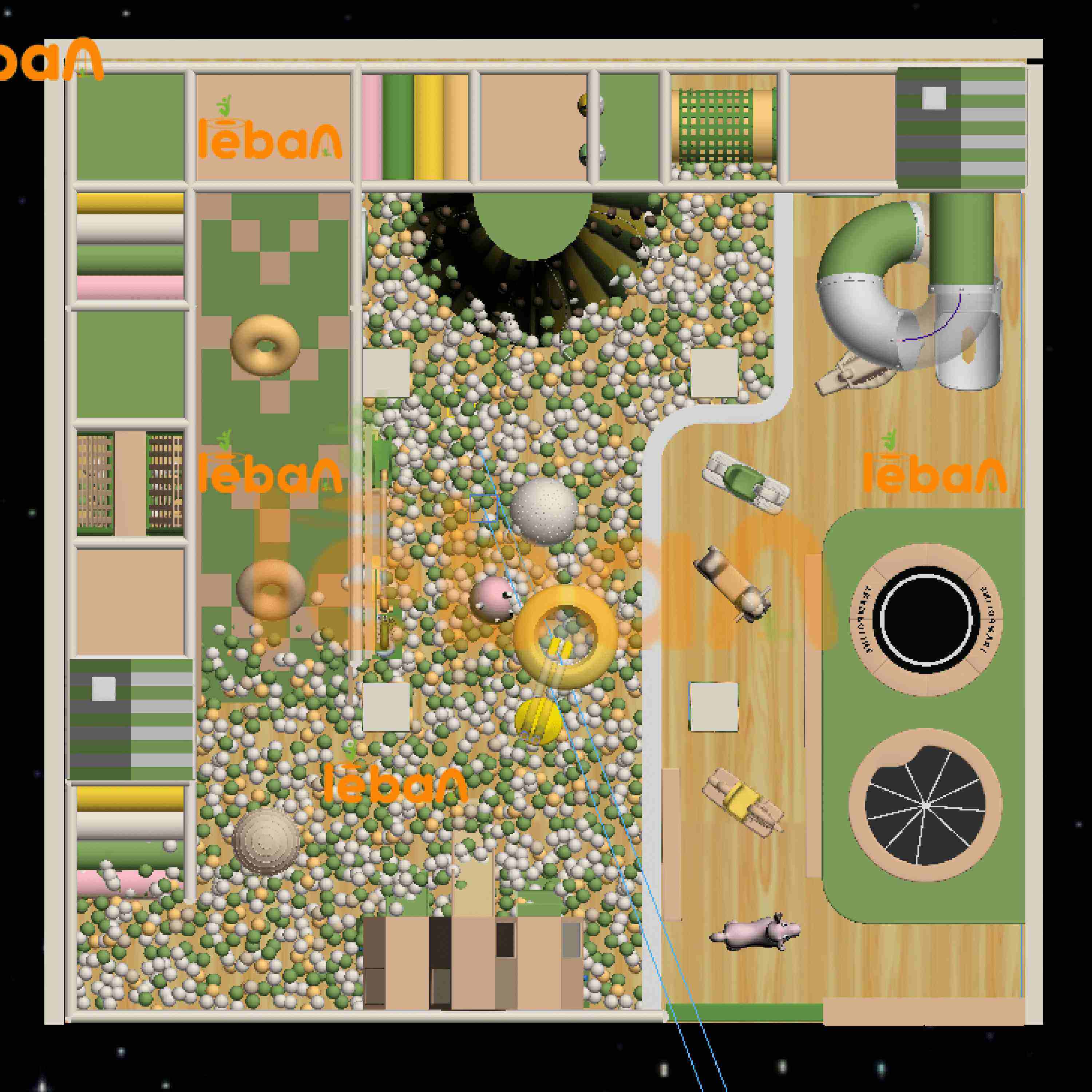 ملعب داخلي مستوحى من الطبيعة: لعبة ناعمة بتصميم غابة مع ركوب الحيوانات وبركة كرات على شكل شلال