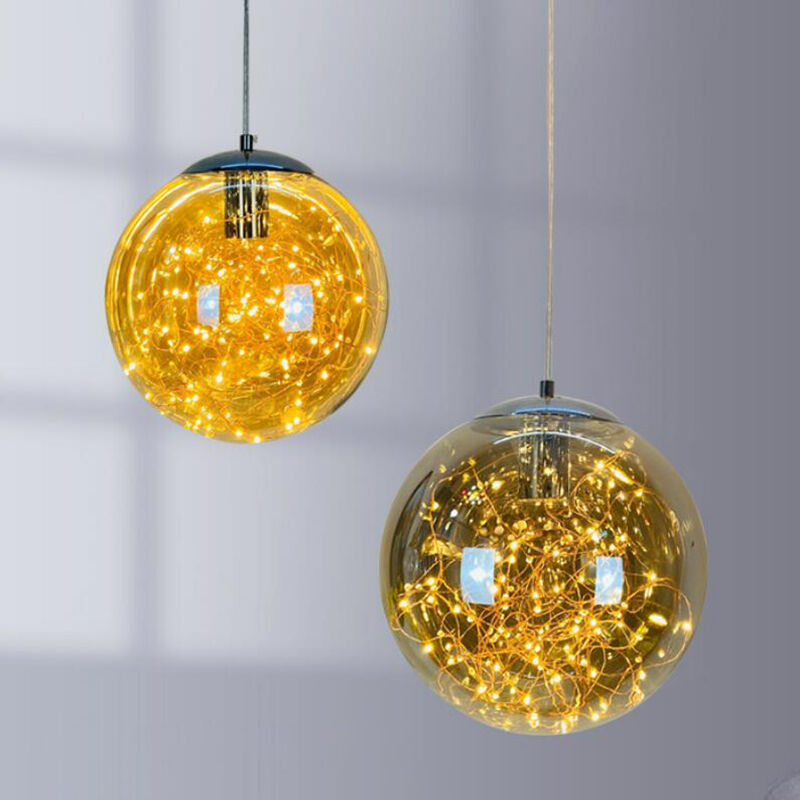 โคมไฟแขวนตกแต่งห้องนอนและห้องรับแขก ดีไซน์ทันสมัย ทรงกลม ทำจากกระจกสีทอง-เทา พร้อมลวดลายดาว