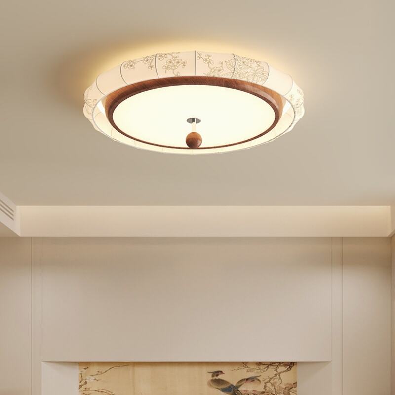 Walnut Wood Floral Print LED Flush Mount Ceiling Light Tri-Color Dimming