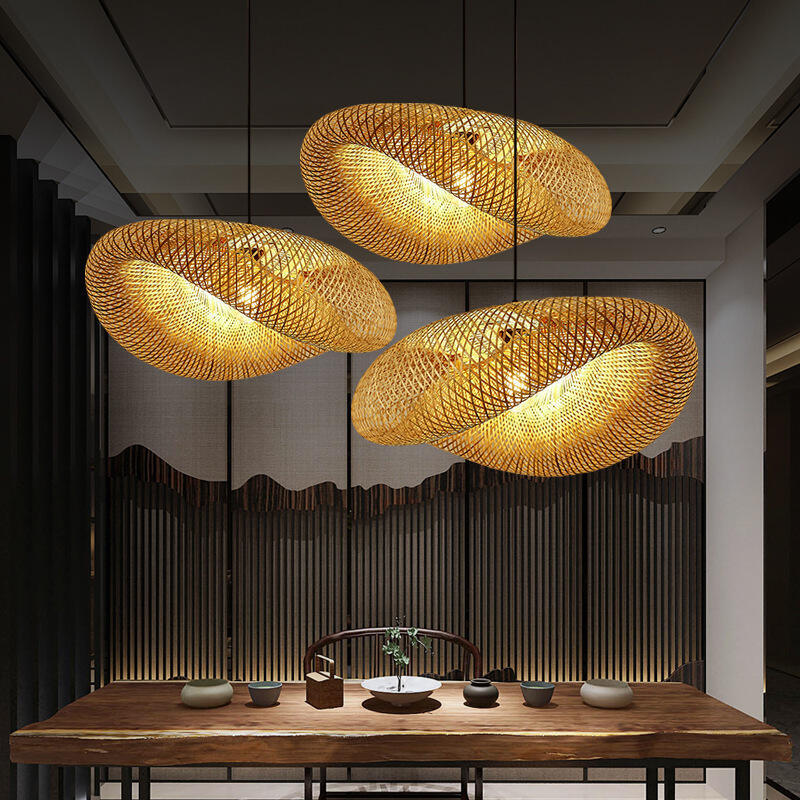 Creative countryside style bamboo woven straw hat shaped chandelier for tea house hotel restaurant