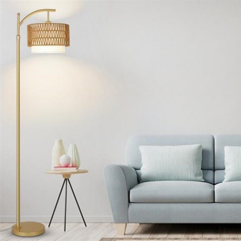 AAdjustable Gold Metal Hemp Rope Floor Lamp 3-Color Dimmable Foot Switch 