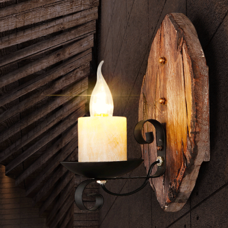 Countryside Vintage Wooden Wall Lamp for Bar Restaurant Home Indoor Decor
