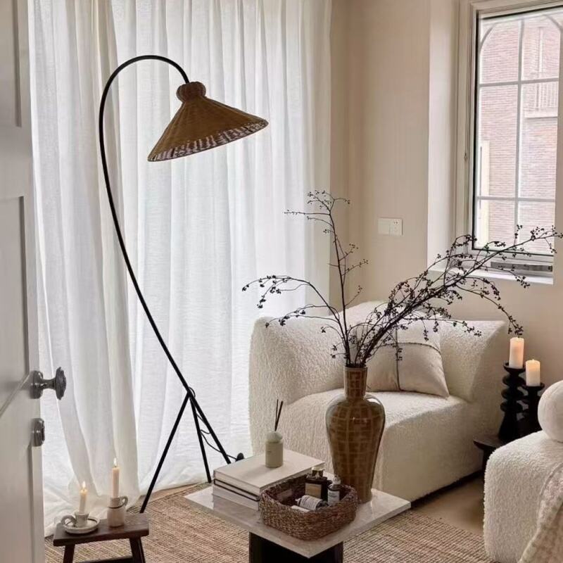 Arc Tripod Rattan Metal LED Floor Lamp for Living Room Reading Corner Decor
