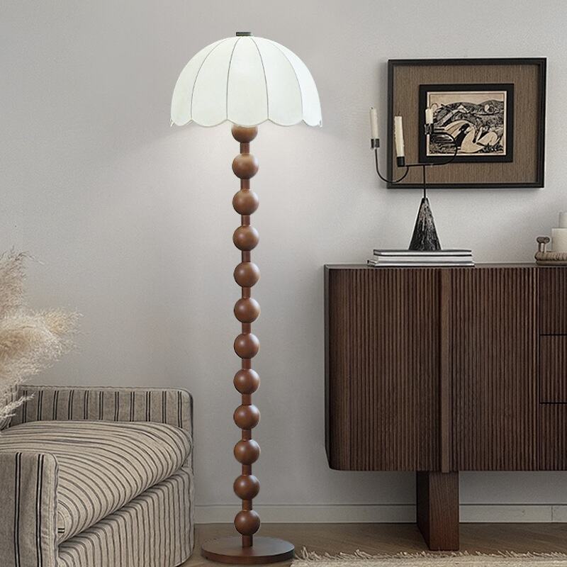 Vintage Stacked Ball Walnut Metal Floor Lamp Foot Switch Scallop Shade