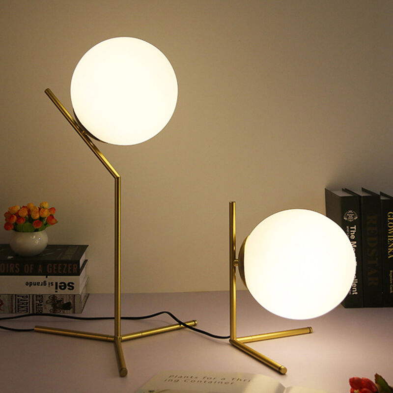 Modern Gold Metal Base White Circular Glass Lampshade Desk Lamp for Home