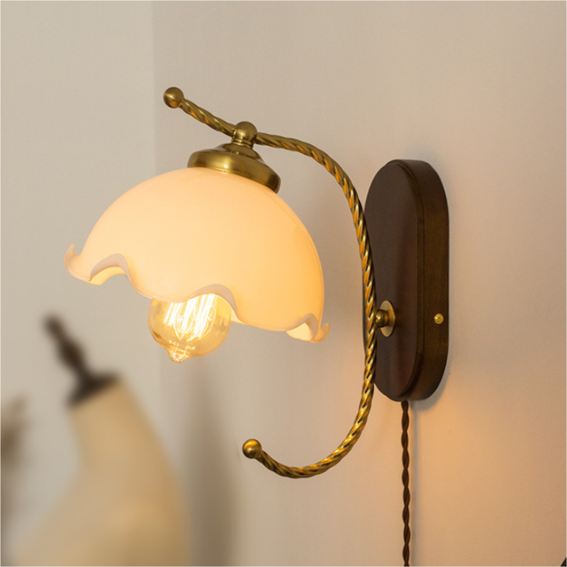 American Retro White Lace Glass Lampshade with Brown Wood Ceiling LED Decorative Wall Light for Home