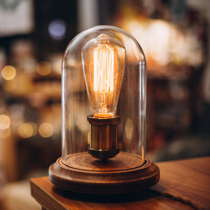 American Retro Edison Glass Lampshade Loft Solid Wood Base Nostalgic Table Lamp
