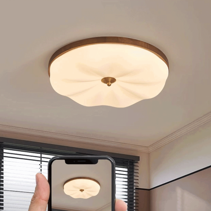Walnut Wood Flower Shape LED Flush Mount Ceiling Light Tri-Color Dimming