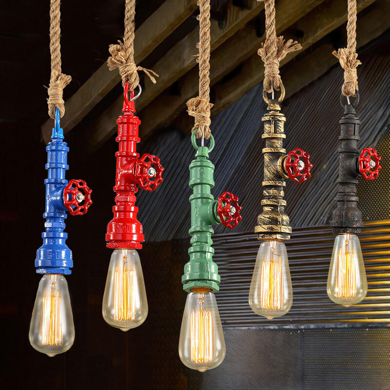 American retro industrial style pendant light creative hemp rope water pipe chandelier for restaurant bar coffee shop