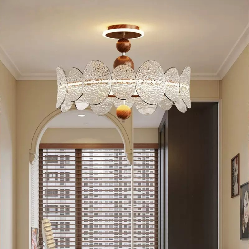 Walnut Black Water Ripple Glass LED Flush Mount Ceiling Light Tri-Color Dimming