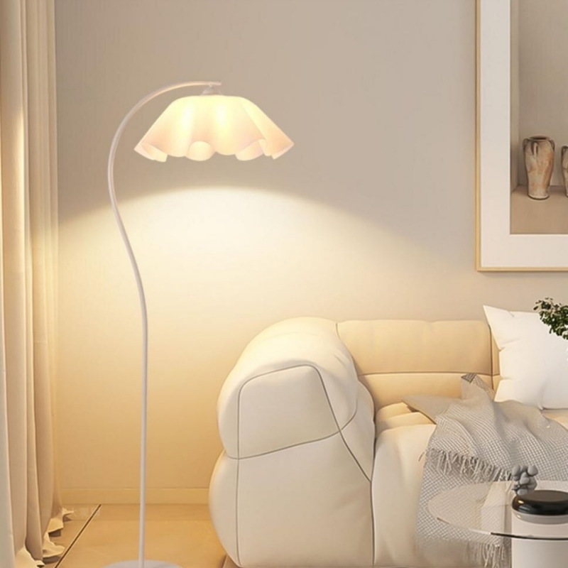 Ruffled Flower Shade Iron Fabric Curved LED Floor Lamp for Bedroom Living Room Decor