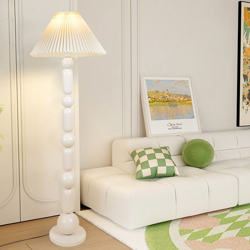 Cream Style Stacked Beaded Iron Fabric Pleated LED Floor Lamp for Living Room Bedroom Decor