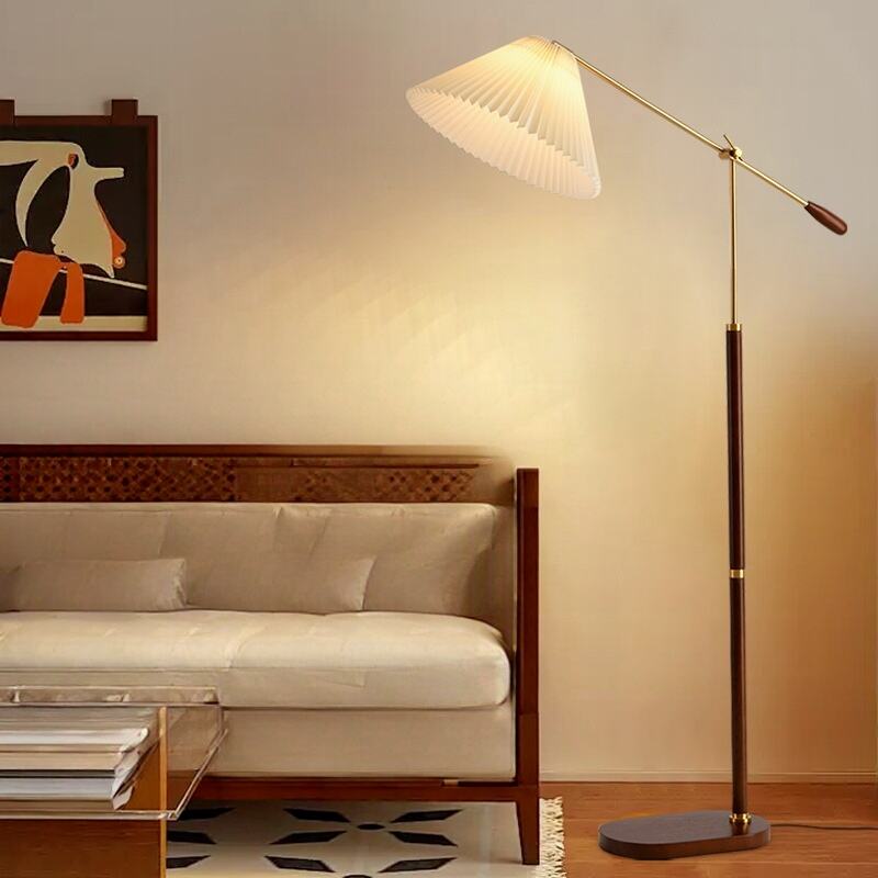 Modern Arc Walnut Gold Floor Lamp 3-Color Dimming Pleated Shade for Bedroom Deco