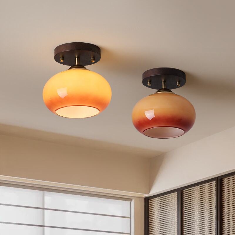 Caramel Glass Wood Metal Flush Mount Ceiling Light E27 Tri-Color Dimming