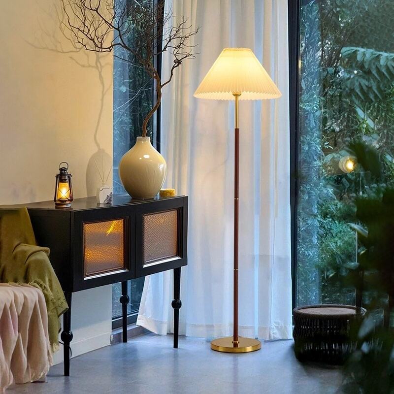 Vintage Pleated Walnut Gold Floor Lamp 3-Color Dimming Zipper Switch For Home 