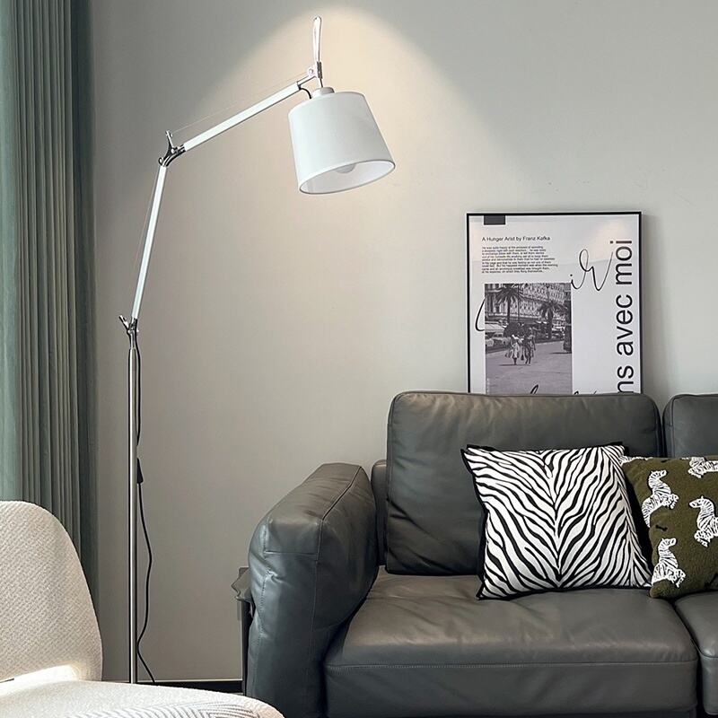 Adjustable Swing Arm Iron Fabric Cylinder LED Floor Lamp for Living Room Reading Area Decor