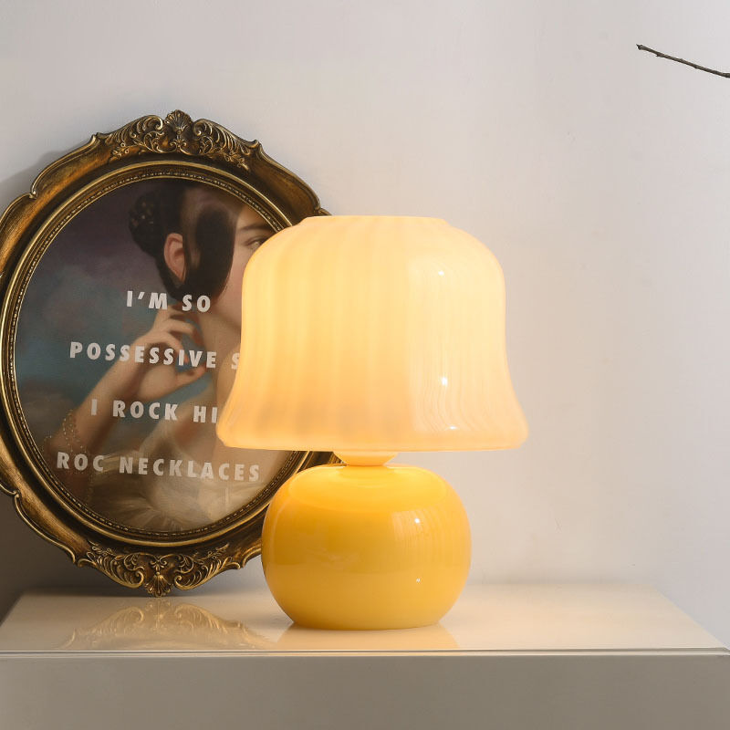 French Cream Mushroom Yellow Glass Creative Warm Indoor Decorative Desk Lamp