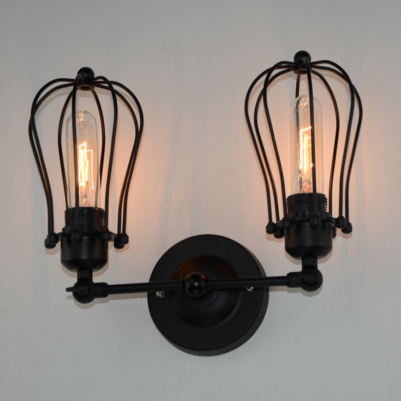 アメリカンレトロ・インダストリアルスタイルのダブルヘッド・ペアシェイプド・アイアンケージウォールランプ（リビングルーム、ダイニングルーム、寝室用）