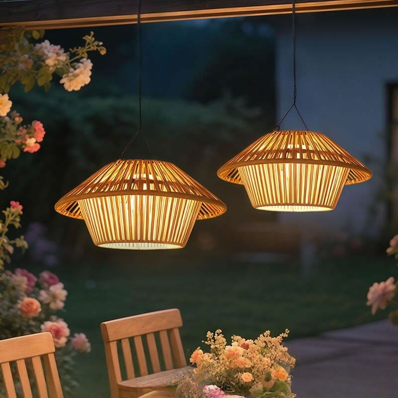 Neo-Classical Solar Rattan Pendant Light Solar Charge Outdoor Garden Lamp
