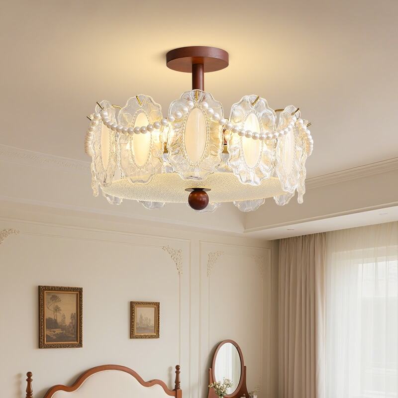 Walnut Wood Pearl Glass Flush Mount Ceiling Light E14 Tri-Color Dimming