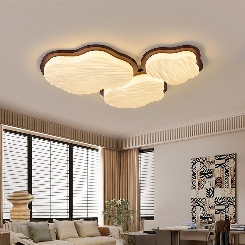 Walnut Wood Cloud Shape LED Flush Mount Ceiling Light Tri-Color Dimming