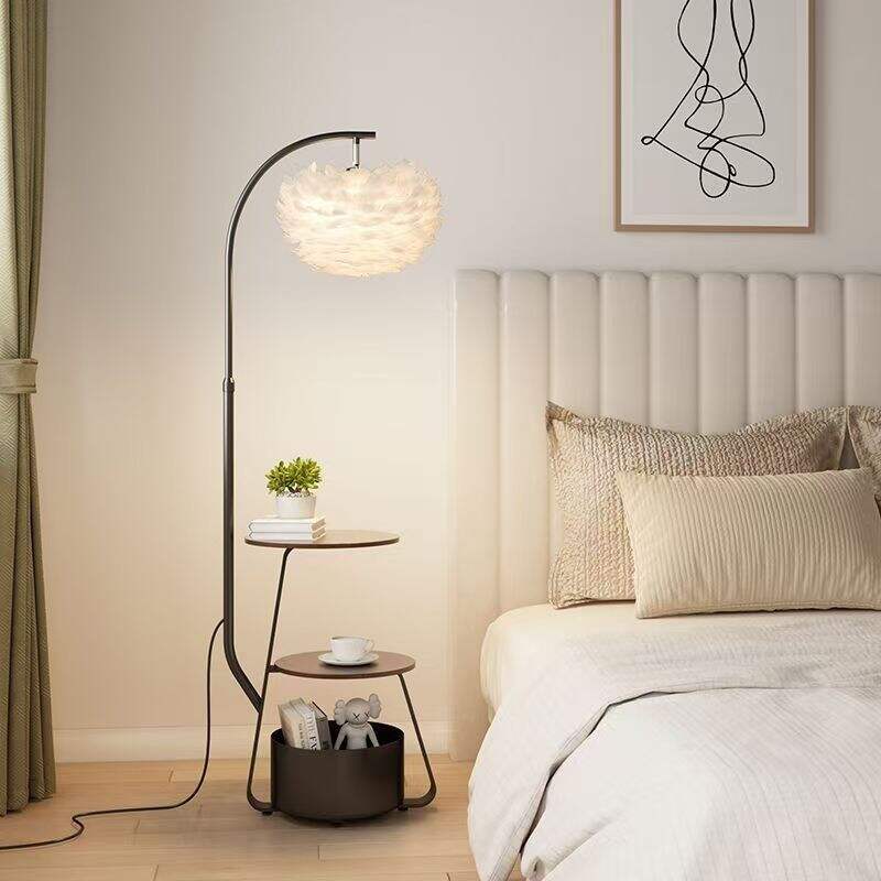 Feather Shade Iron Wood LED Floor Lamp With Side Tray for Living Room Bedroom Bedside Decor