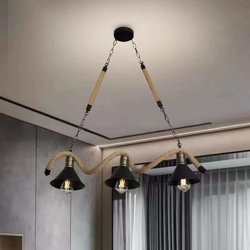 Simple Iron Industrial Style Hemp Rope Chandelier for Bar Restaurant
