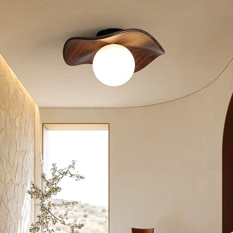 Walnut Wood Wavy Resin LED Flush Mount Ceiling Light Tri-Color Dimming