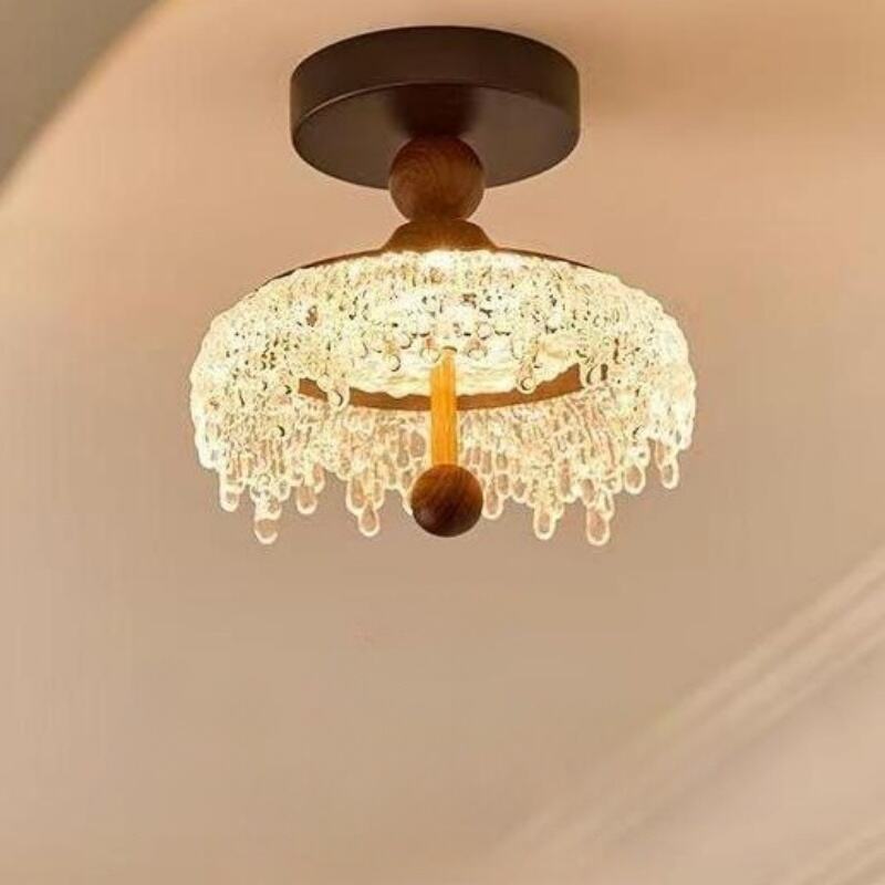 Walnut Wood Crystal Acrylic LED Flush Mount Ceiling Light Tri-Color Dimming