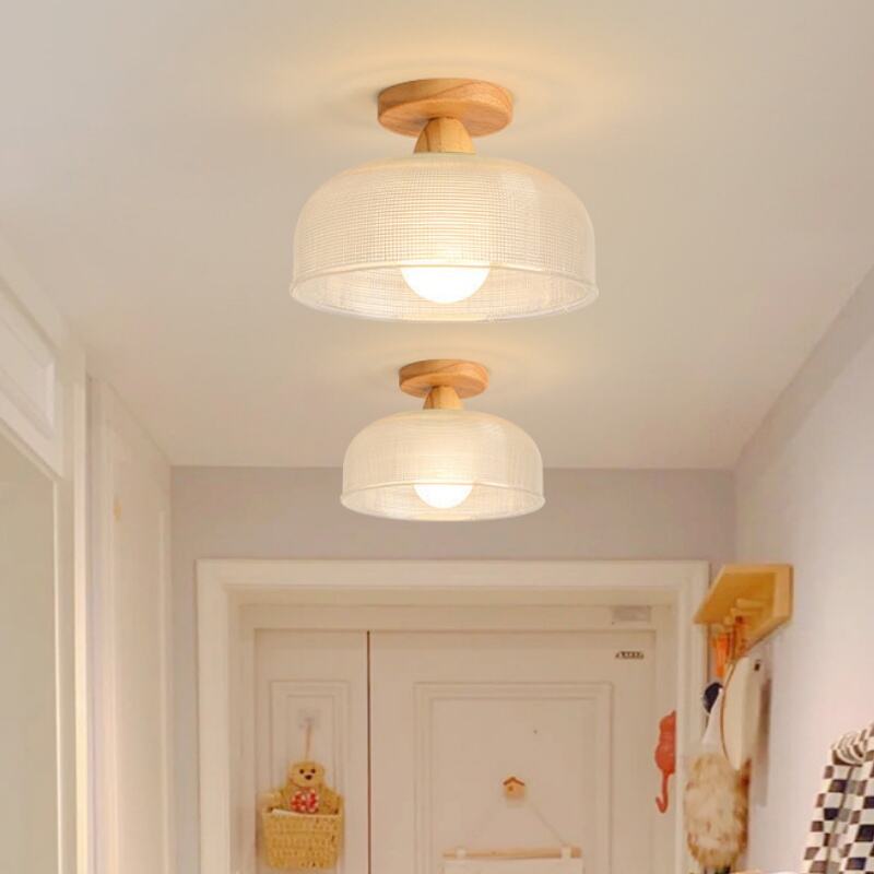 Walnut Wood Glass Semi Flush Mount Ceiling Light E27 Tri-Color Dimming