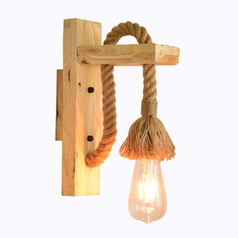 Natural Solid Wood Vintage Rustic Hemp Rope Wall Lamp for Shop Home Decor