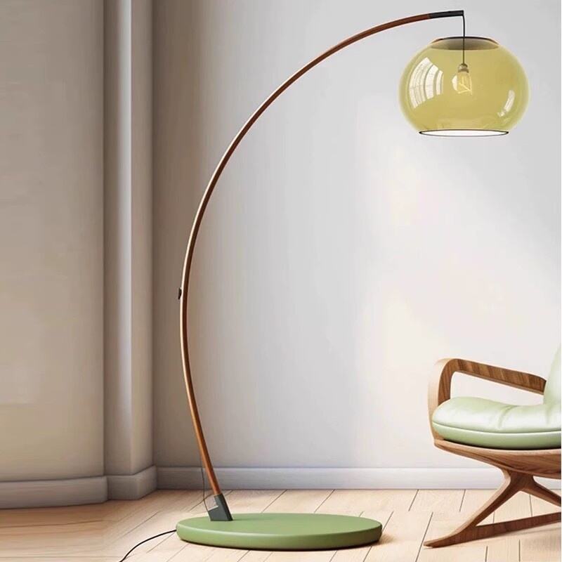 Wood Iron Glass Globe Arc LED Floor Lamp for Living Room Sofa Side Home Decor