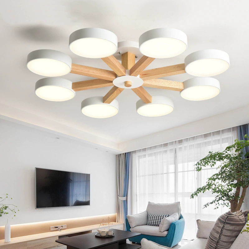 Minimalist Iron Macaron Bedroom Dining Room Chandelier Original Wood Multi-head Living Room Dining Room LED Pendant Lights