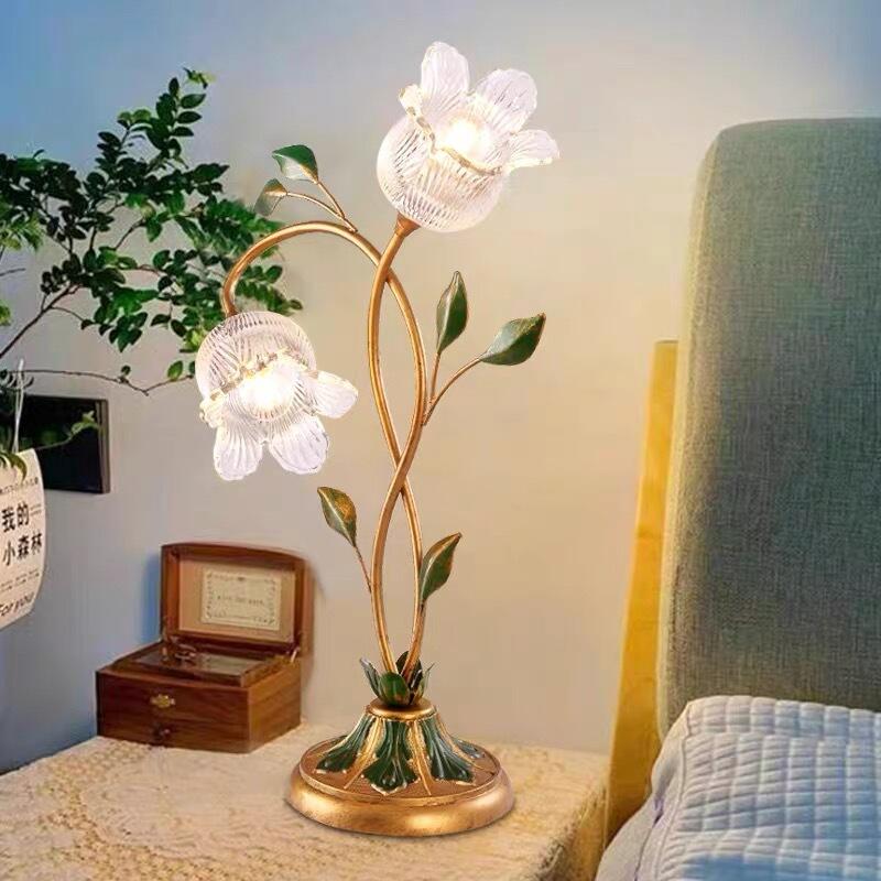 American Countryside Glass Bell Orchid Shape Metal Bedside Decorative Table Lamp