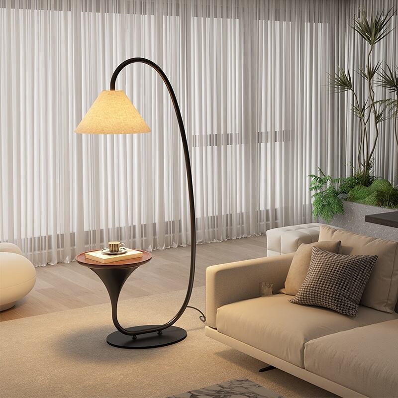 C-shaped Iron Fabric Wooden LED Floor Lamp With Side Tray for Living Room Sofa Side Decor