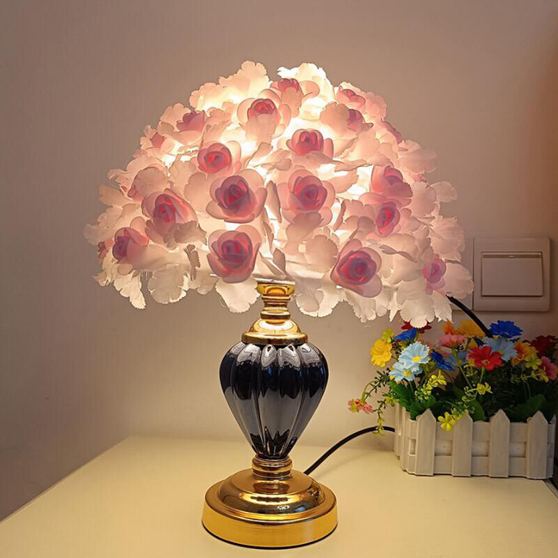 Modern Pink Rose Ceramic Crystal LED Warm Bedroom Decorative Table Lamp
