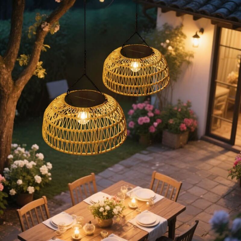 Chinese Solar Rattan Hanging Lamp, Waterproof Outdoor LED Garden Pendant Light
