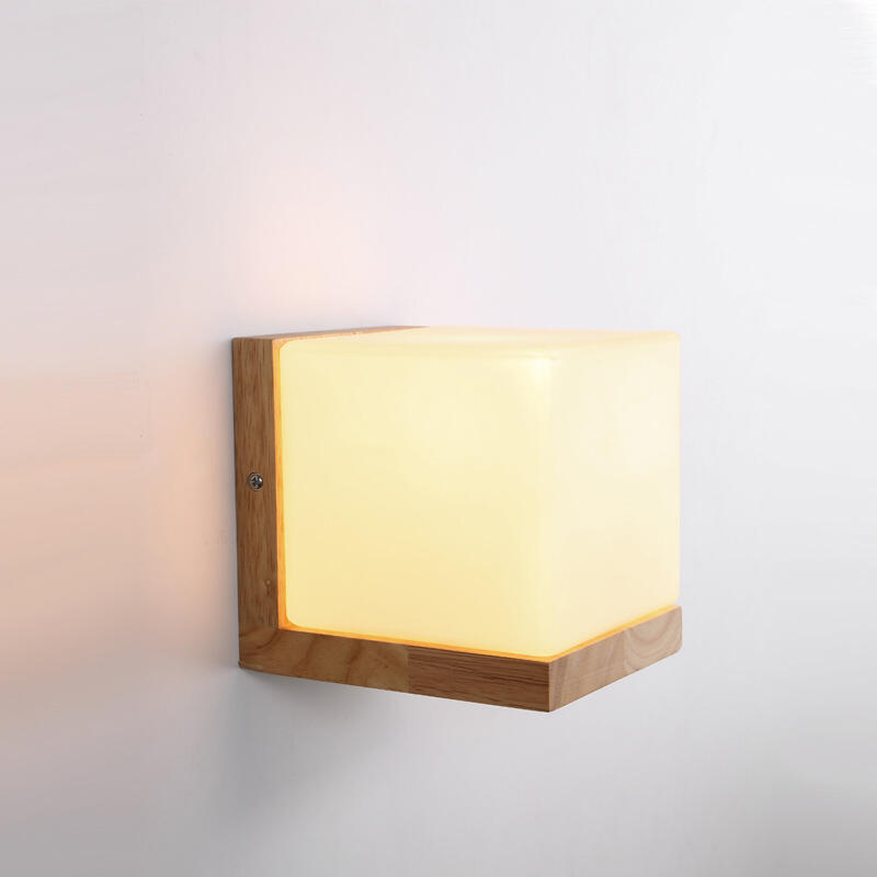 Modern Warm White Glass Square Cover E27 Wood Body Led Wall Lamp for Living Room