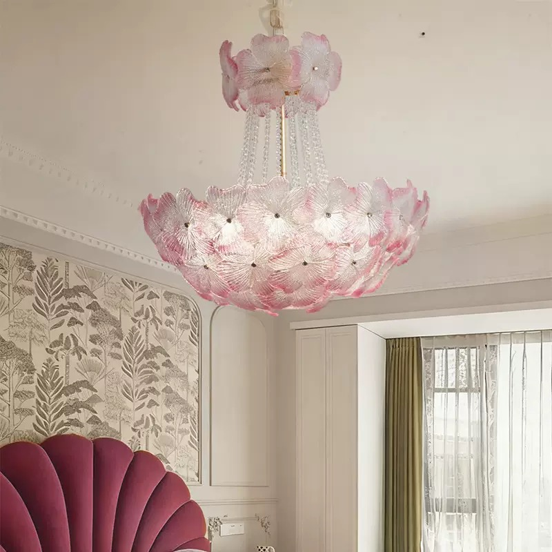 Ფრანგული რუძის ფერის, ყვავილის ფორმის დიზაინის LED ლუსტრა სასტუმროს, საცხოვრებლის ოთახისა და საძინებლის შესამკობლად