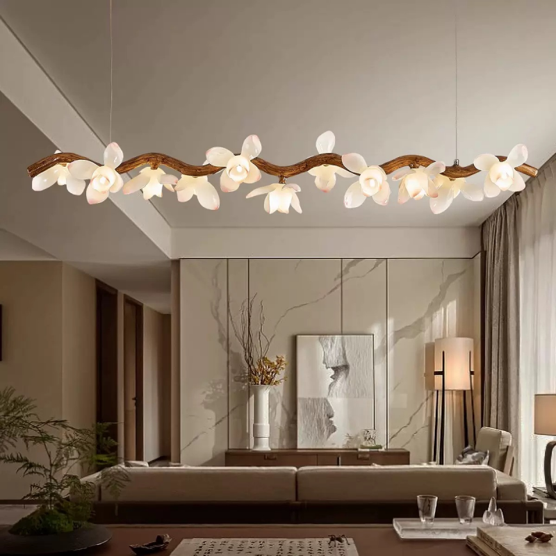 Japanese Long Strip Branch Lotus Chandelier for Hotel Living Room Dining Room Study Decor