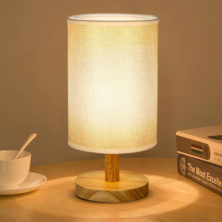 Nordic Solid Wood Fabric USB Cylindrical Bedroom and Study LED Desk Table Lamp