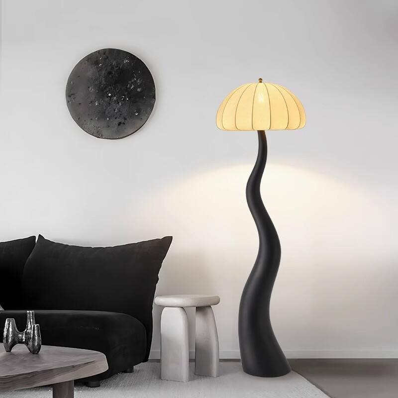 Angle Adjustable Wavy Stem Iron Fabric Mushroom LED Floor Lamp for Living Room Bedroom Decor