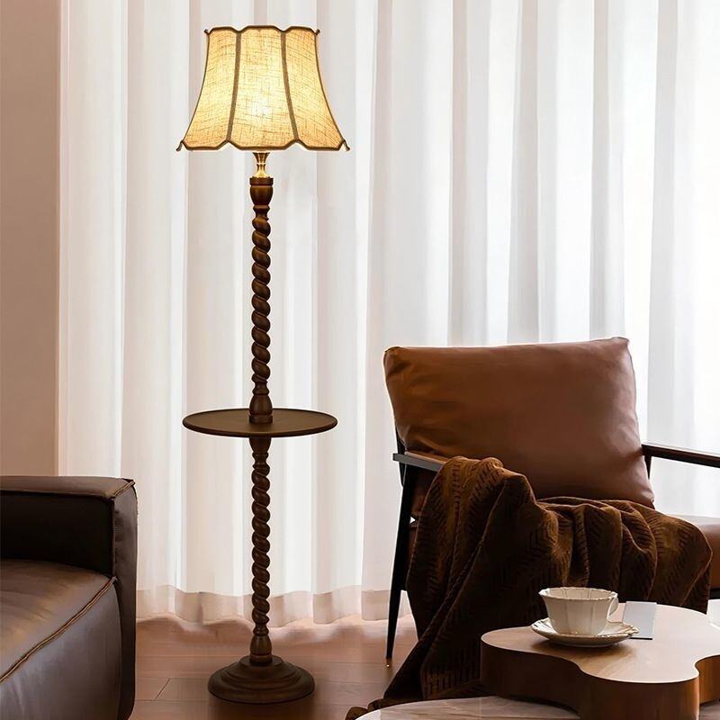 Vintage Twisted Oak Fabric Floor Lamp with Tray LED 3-Color Dimming Foot Switch