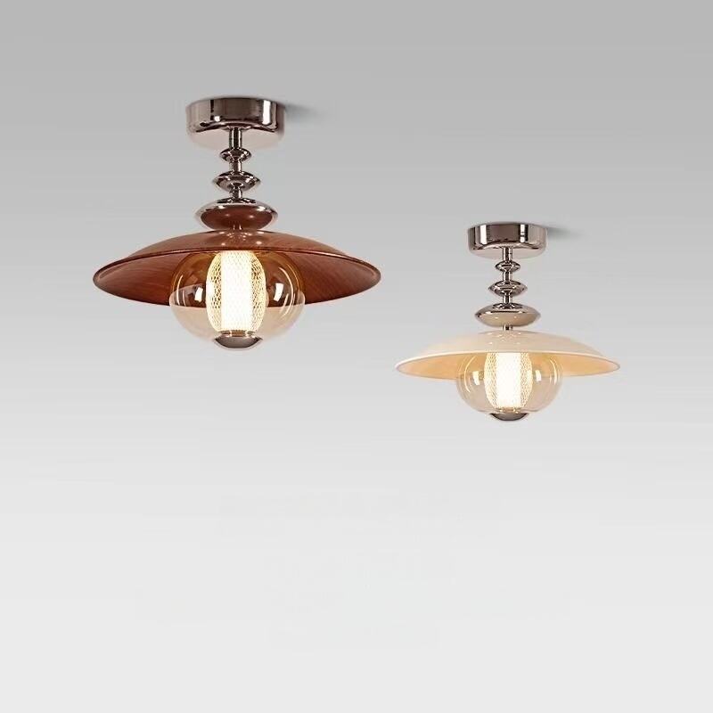 Walnut Wood Glass Metal LED Flush Mount Ceiling Light Tri-Color Dimming
