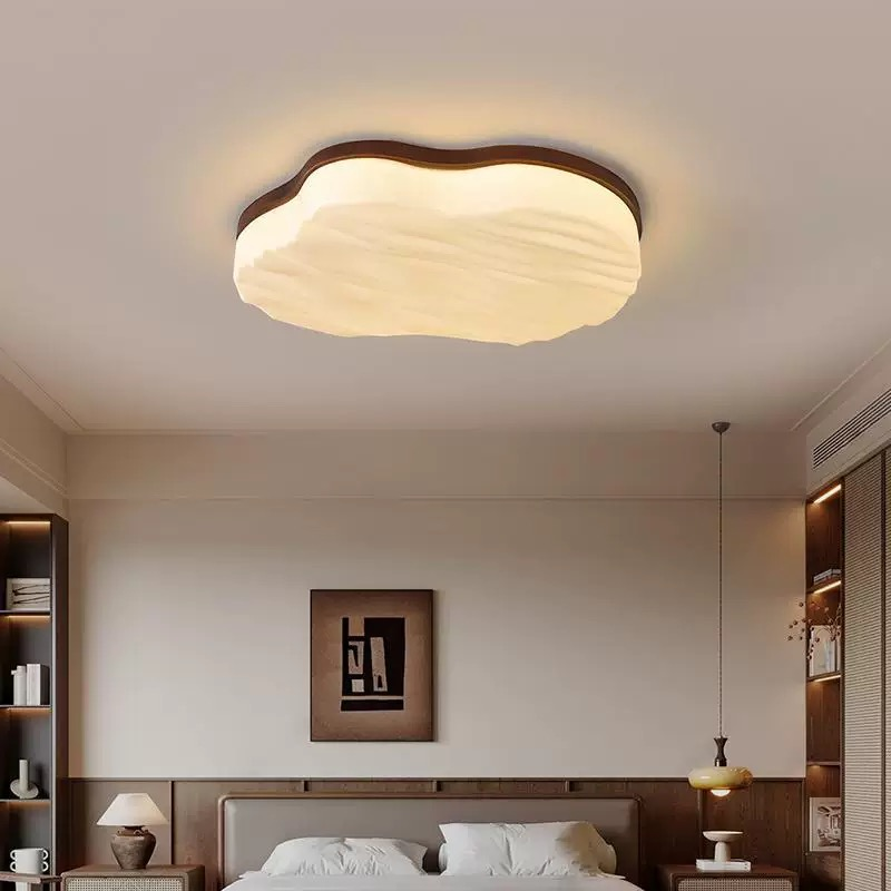 Walnut Wood Cloud Shape LED Flush Mount Ceiling Light Tri-Color Dimming