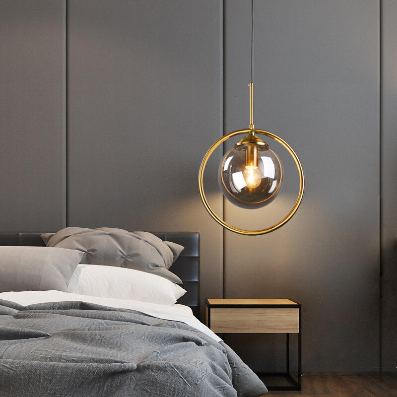 Nordic Modern Simple Style Small LED Pendant Chandelier Amber Glass Shade for Bedroom
