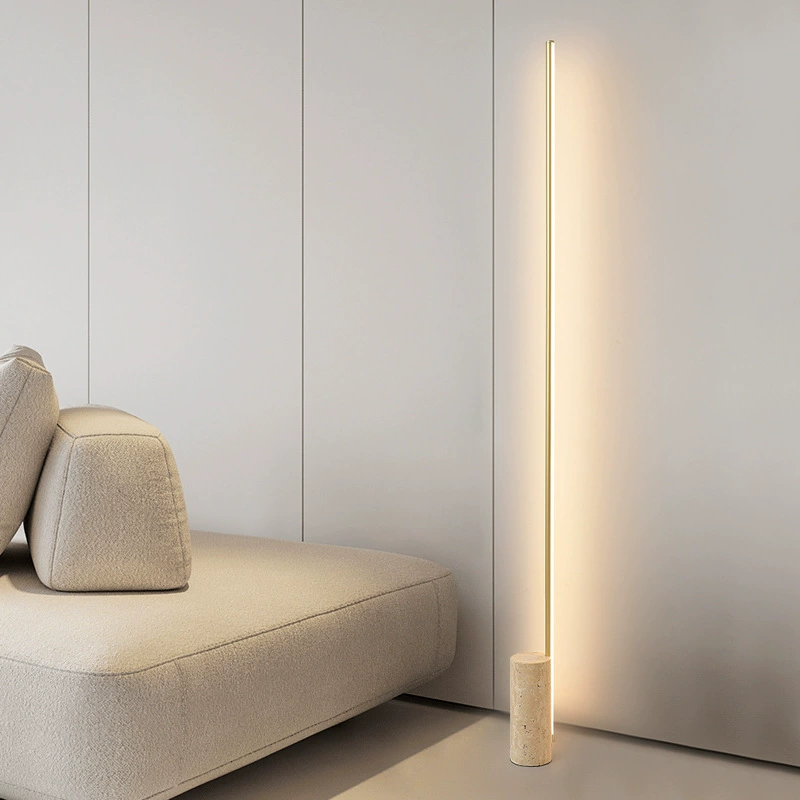 Italian Minimalist Linear LED Floor Lamp Modern Natural Travertine Base Standing Light Luxury Villa Hotel